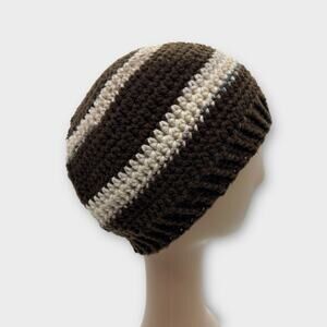 Knit Woven Wide Brown White Stripe Beanie Knit Hat Outdoors Unisex X-Small